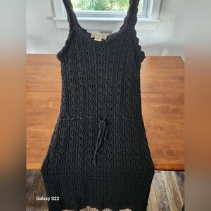 Black Crochet Knit Dress Sleeveless Drawstring Waist Boho Festival Beach Resort